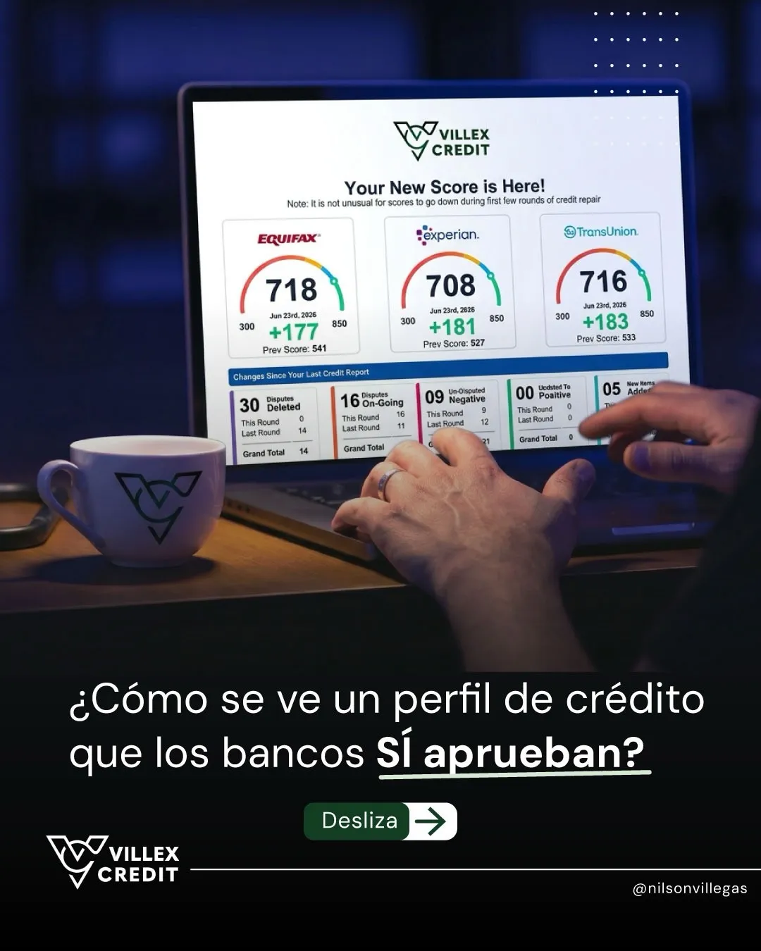 Lámina: ¿cómo se ve un perfil de crédito que los bancos sí aprueban? Una laptop muestra puntajes de 718, 708 y 716 con subidas de 177, 181 y 183 puntos