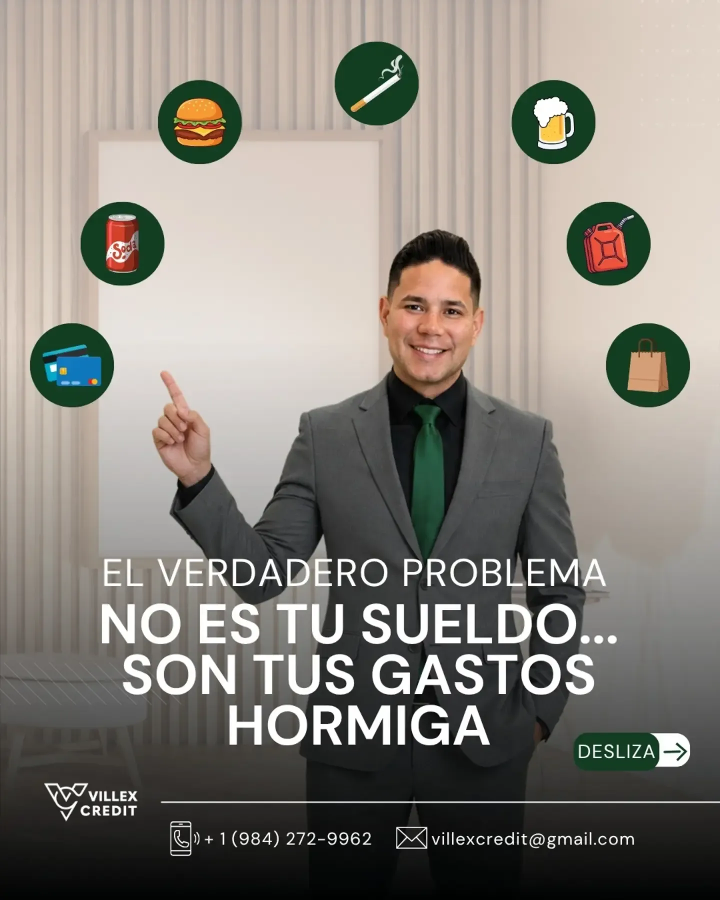 Lámina: el verdadero problema no es tu sueldo, son tus gastos hormiga; Nilson de traje rodeado de íconos de comida, café y compras