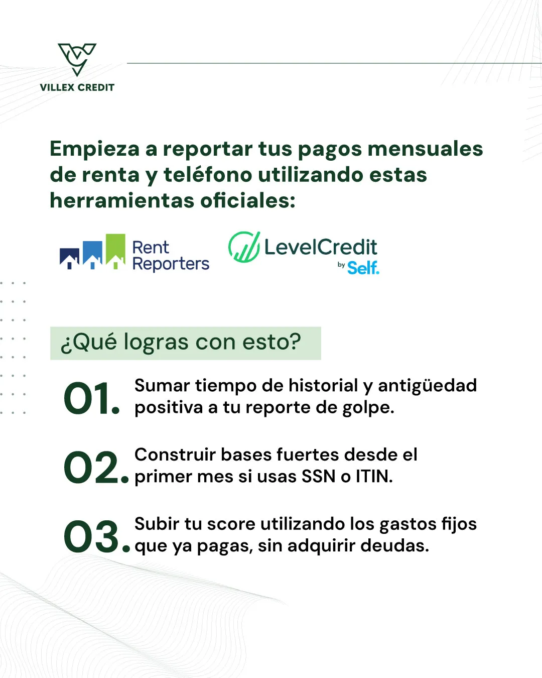 Lámina: empieza a reportar tus pagos de renta y teléfono con herramientas como Rent Reporters y LevelCredit, y qué logras con eso