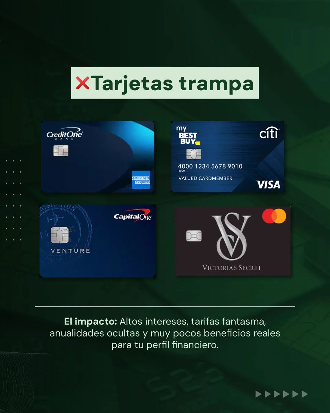 Lámina: tarjetas trampa, con altos intereses, tarifas y anualidades ocultas y pocos beneficios reales