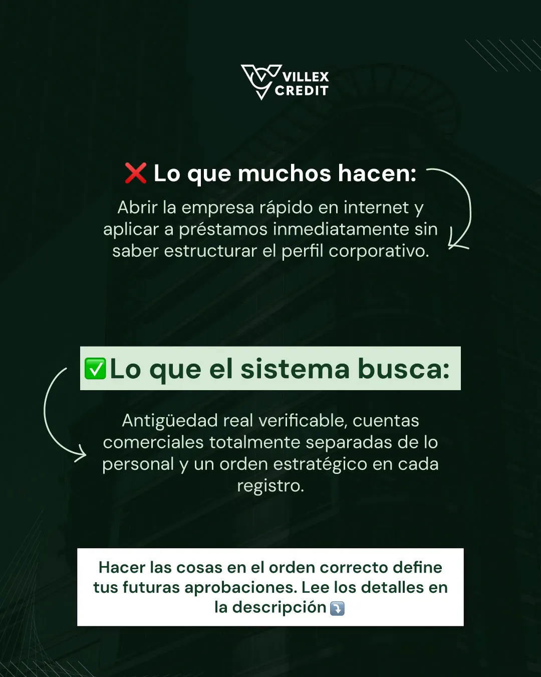 Lámina que compara lo que muchos hacen (abrir la empresa y aplicar enseguida) con lo que el sistema busca (antigüedad, cuentas separadas y orden)