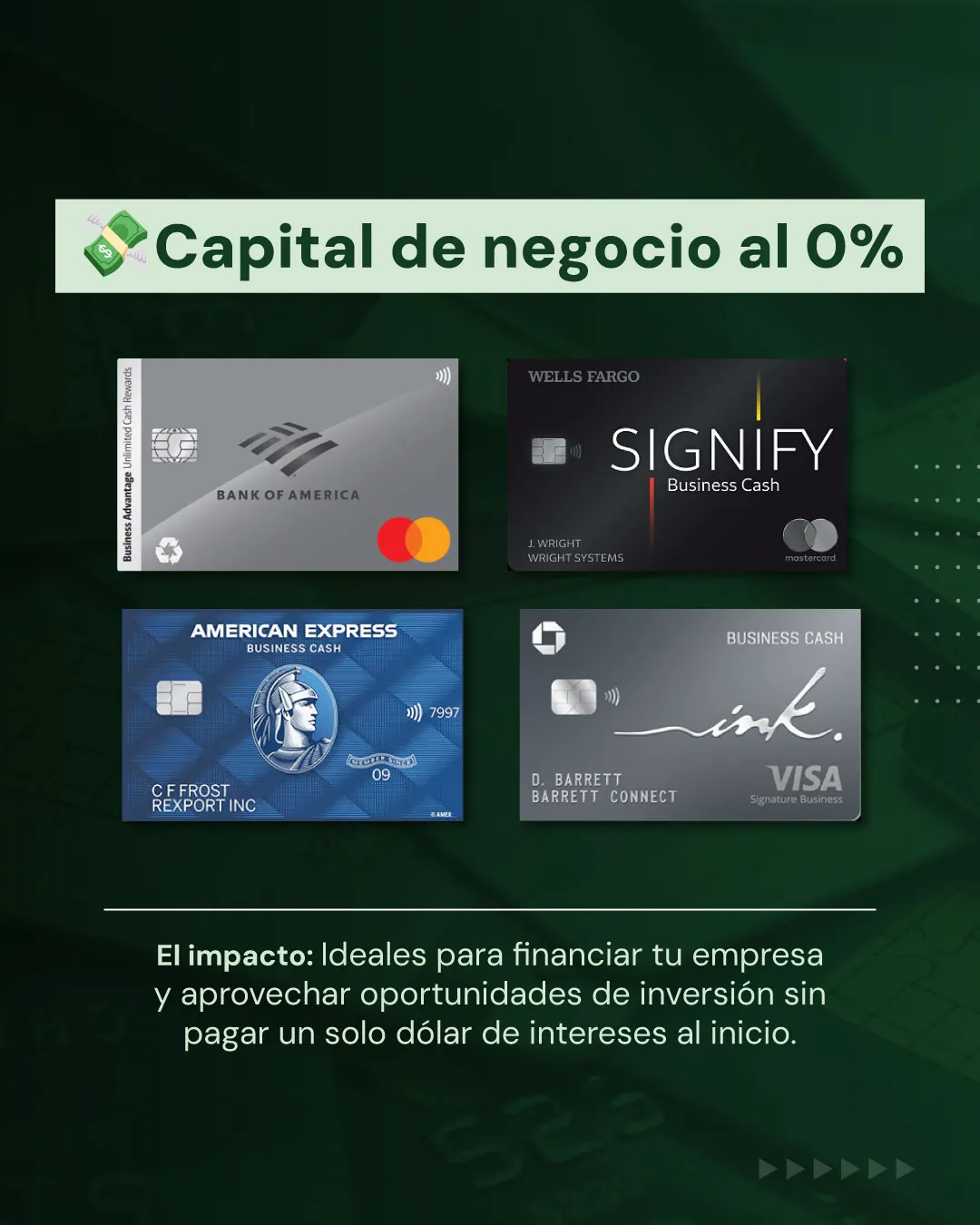 Lámina: capital de negocio al 0 %, tarjetas ideales para financiar tu empresa sin pagar intereses al inicio